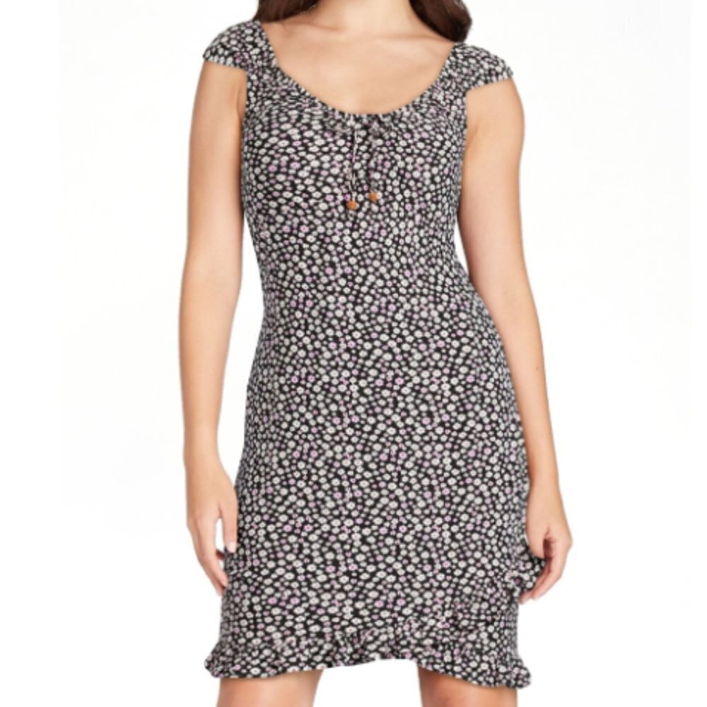 No Boundaries Juniors Dress XL 15-17 Black Floral Bodycon Ruffle Hem NWT